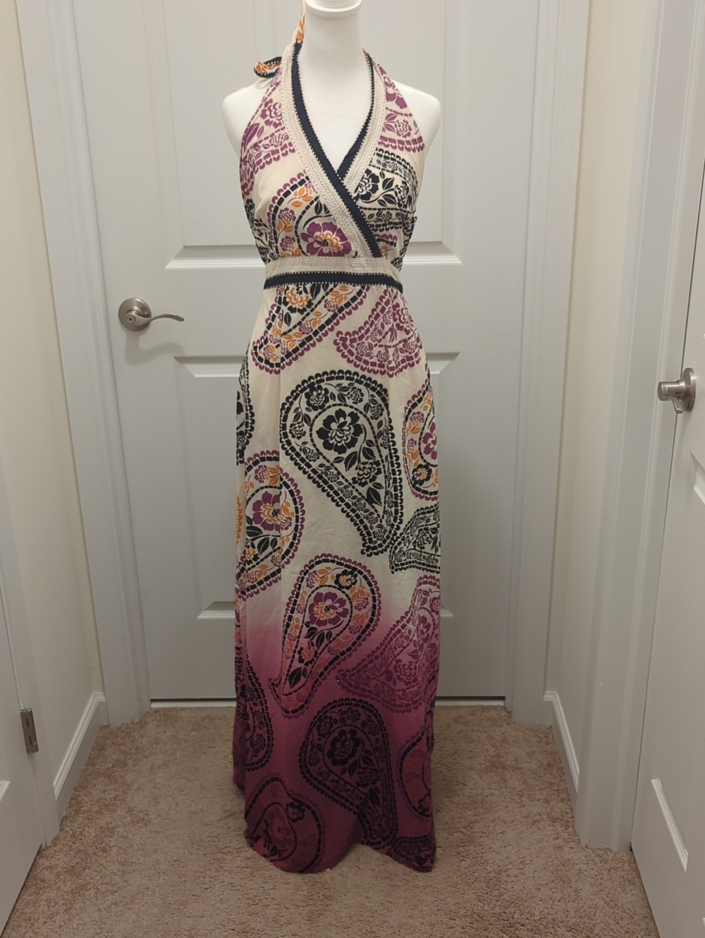 Style & Co. Cream Maxi Dress with Purple Paisley and Black Trim